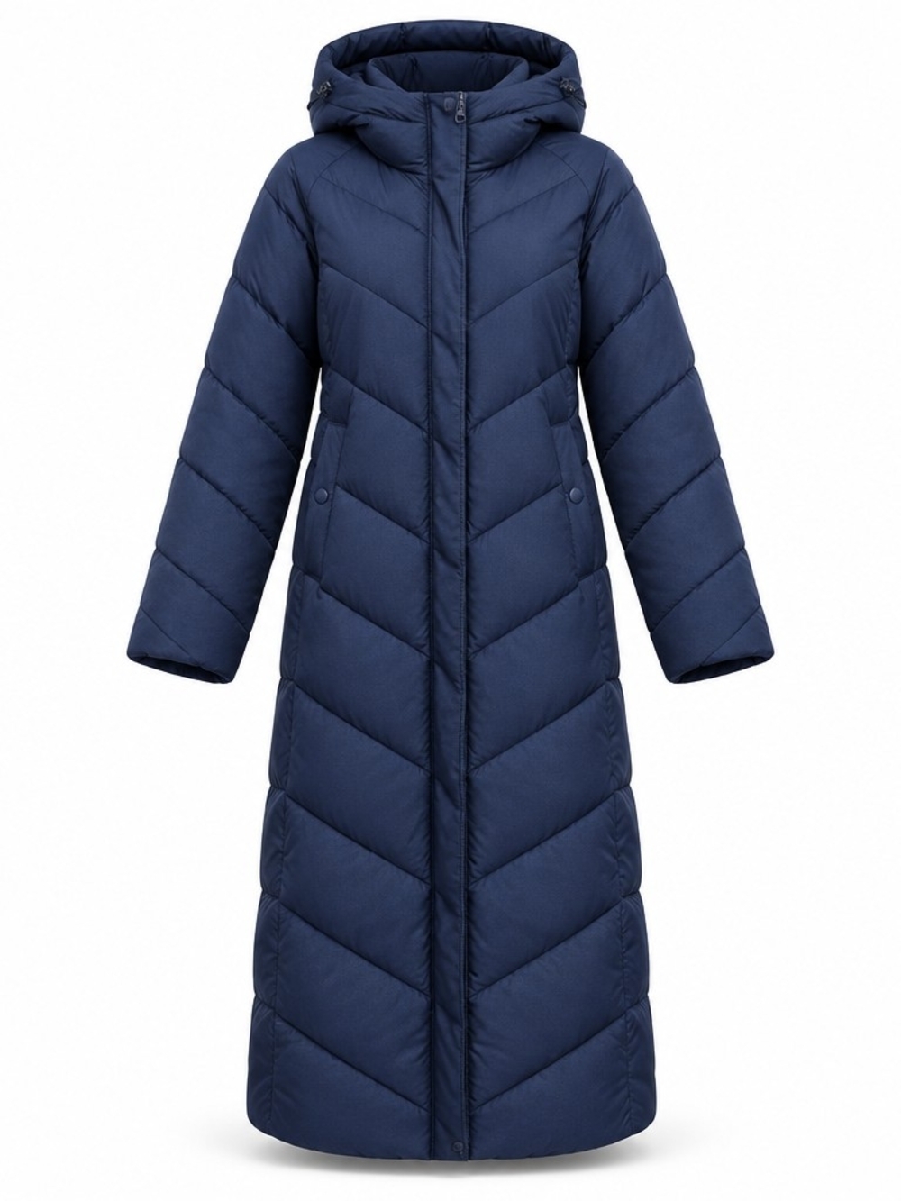 NWT Steve Madden Long Navy Hooded Chevron Puffer Coat SZ XS